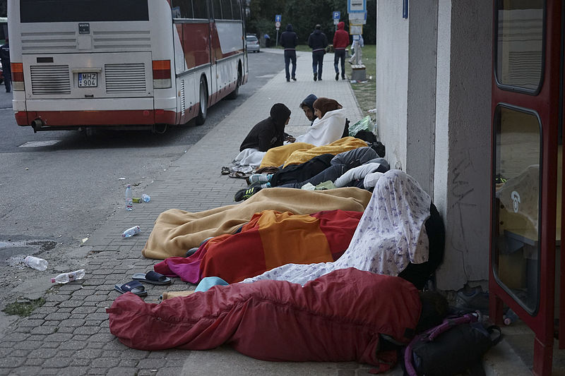 Syrian refugees sleeping in the open air in Budapest, Hungary, during refugee crisis