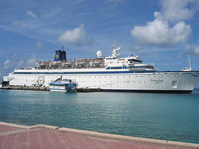 Starboard side of the Scientology cruise ship Freewinds, berthed at Bonaire, Netherlands Antilles