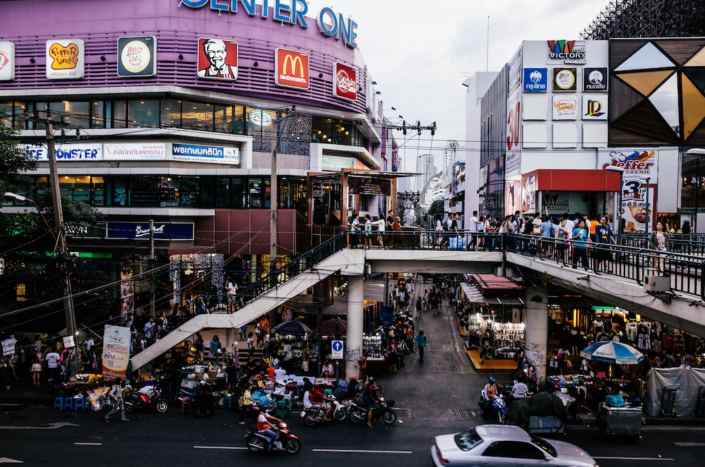 Crowded shopping malls and street markets in Ratchathewi District