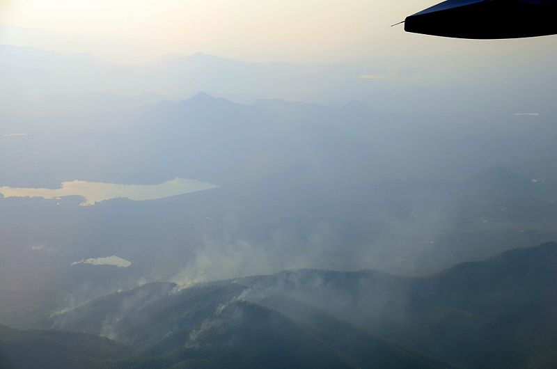 Smoke coming off from several wildfires in the mountains of northern Thailand