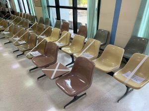 Social distancing seats at Chulalongkorn Hospital in Bangkok