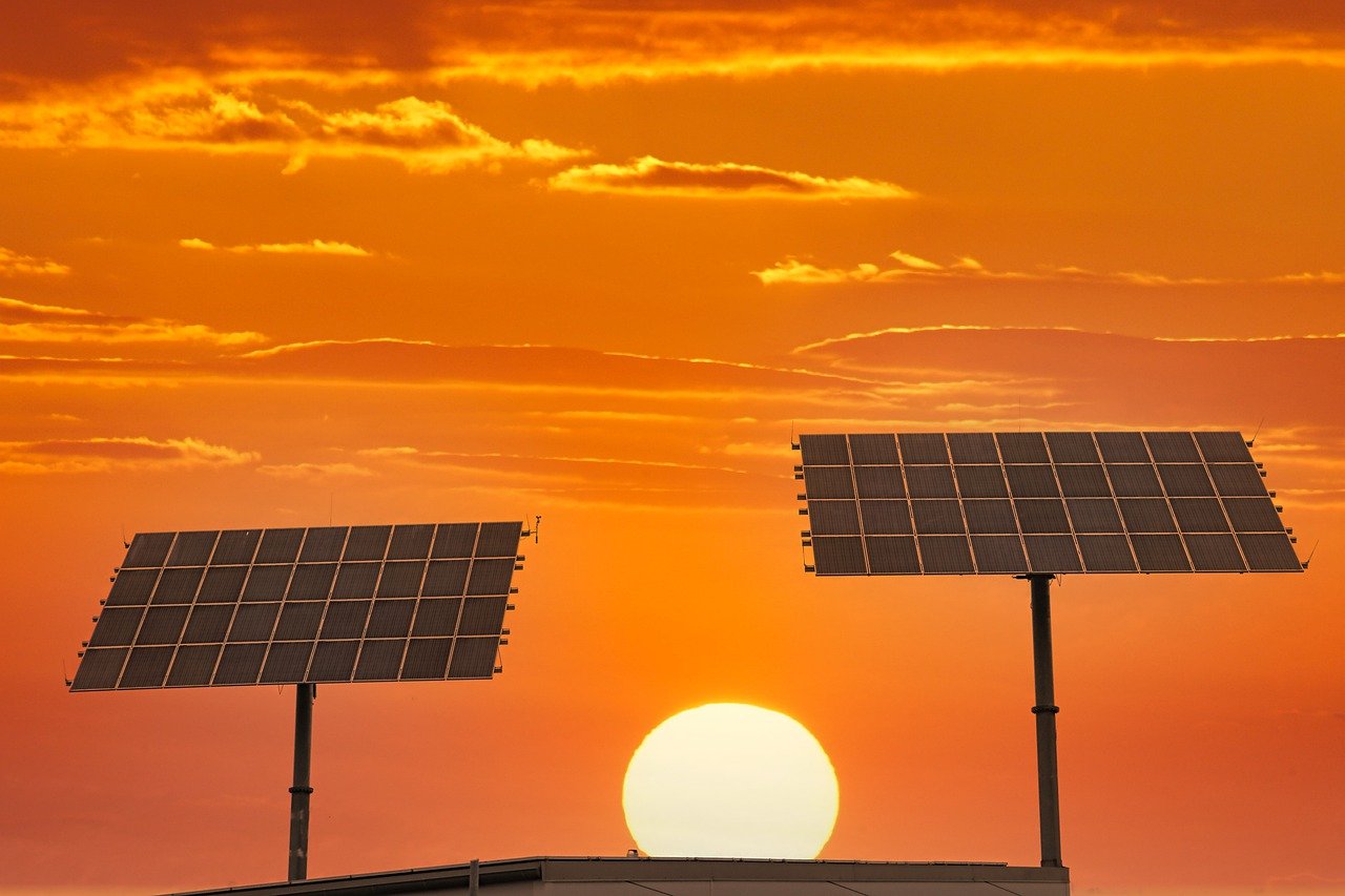 Solar photovoltaic panels at sunset
