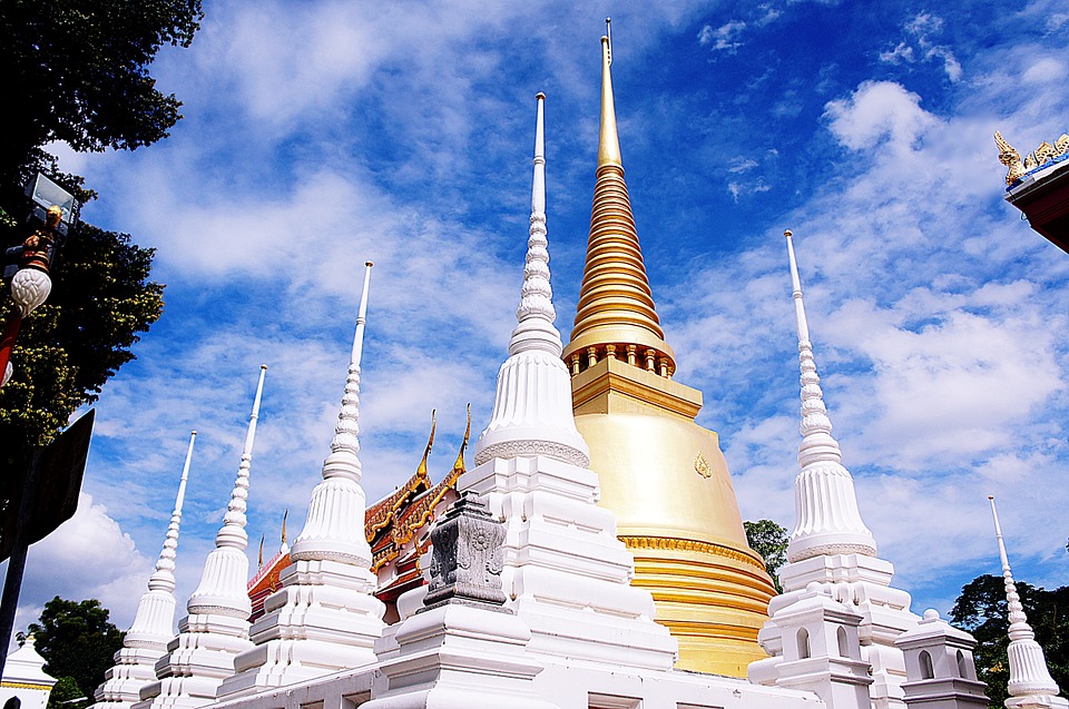 Pagodas and chedi inside a Buddhist temple complex