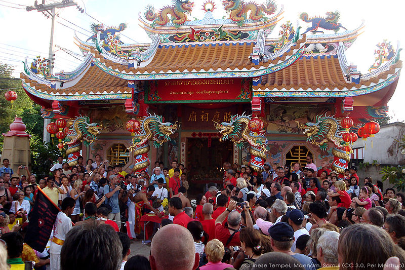 Buddhists celebrating the Chinese New Year at Maenam temple in Koh Samui.