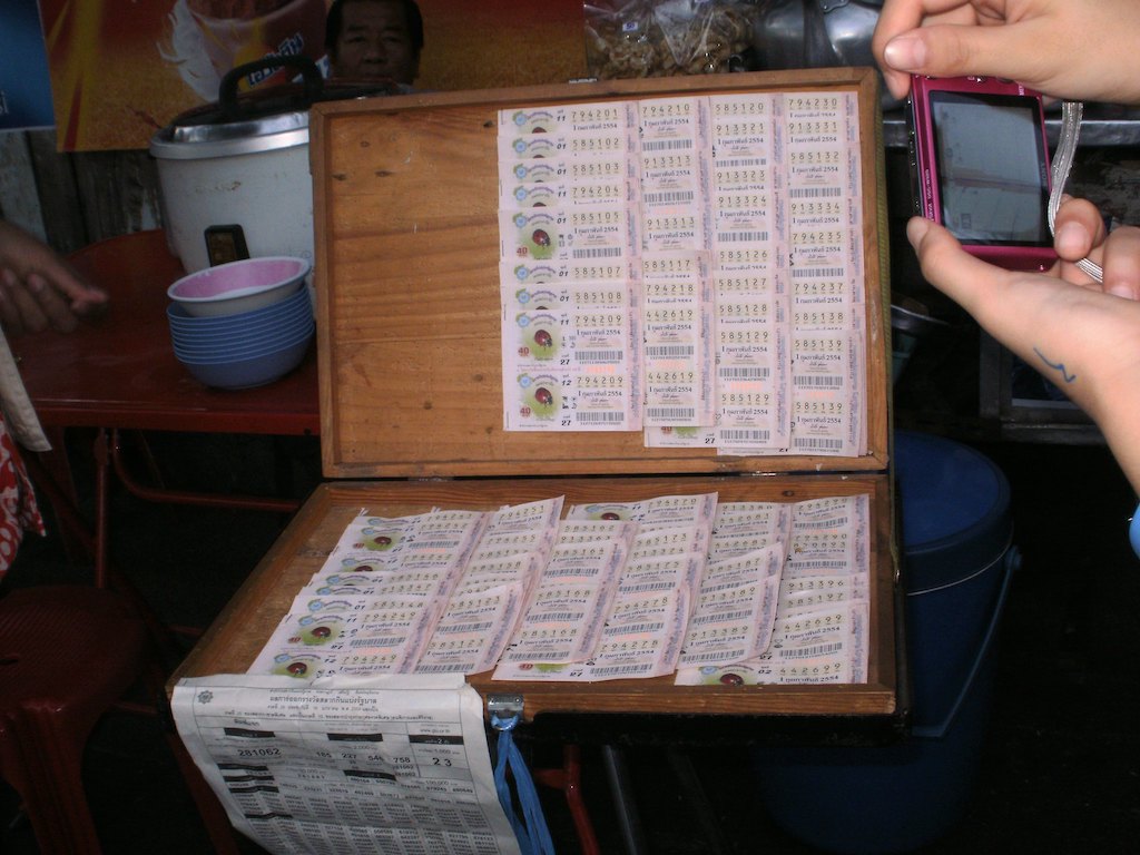Box containing Thai lottery tickets