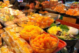 Thai sweets, cookies and desserts sold at Thanin Market in Chiang Mai