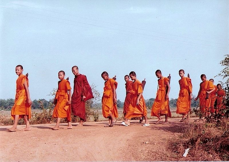 Thai Buddhist monks on pilgrimage near Wat Khung Taphao in Uttaradit.