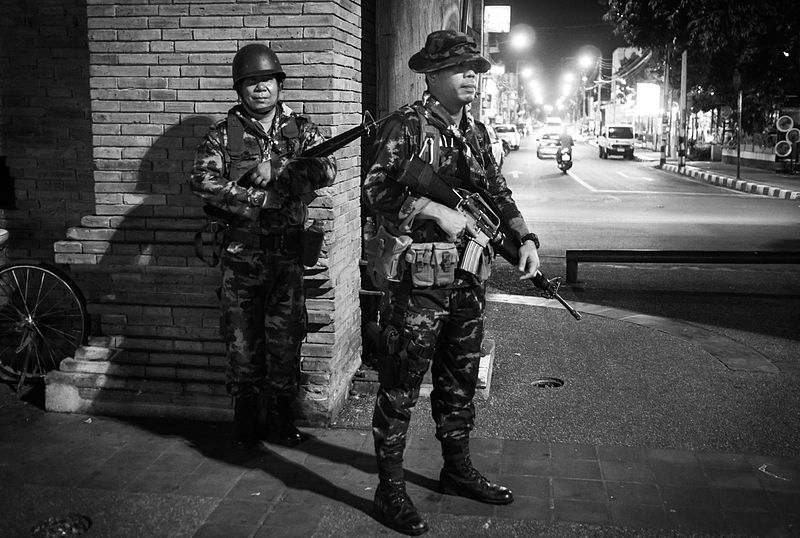 Soldiers at Chiang Mai's Thaphae Gate during the 2014 coup