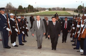 Secretary of Defense Donald H. Rumsfeld escorts visiting Prime Minister Thaksin Shinawatra, of Thailand