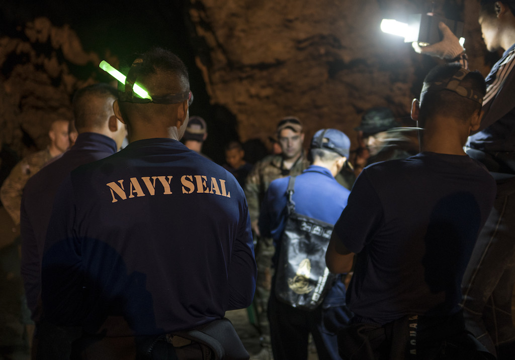 U.S. military and Thai Navy SEAL members during the rescue of the soccer team boys at Tham Luang cave
