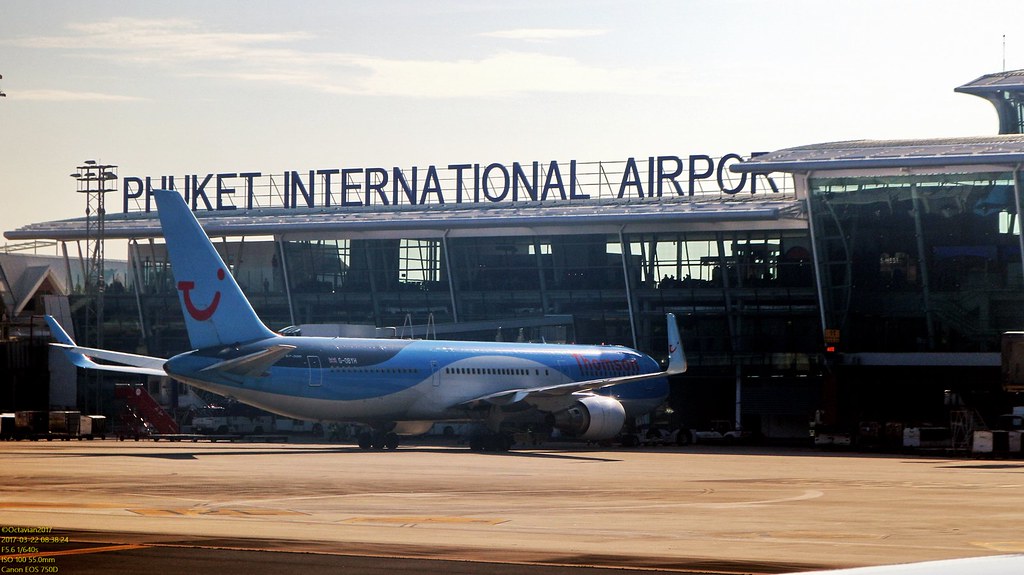 Thomson Airways Boeing B767-364(ER) at the gate of Phuket International Airport.