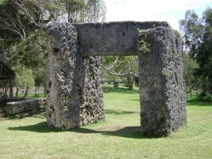 Haʻamonga ʻa Maui, a prehistoric megalithic momument, with the maka faakinanga in the distance in Tonga