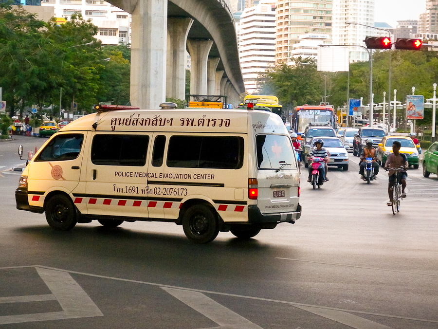 A Toyota Hiace ambulance of the Royal Thai Police Medical Evacuation Center on Rama IV Road, Bangkok
