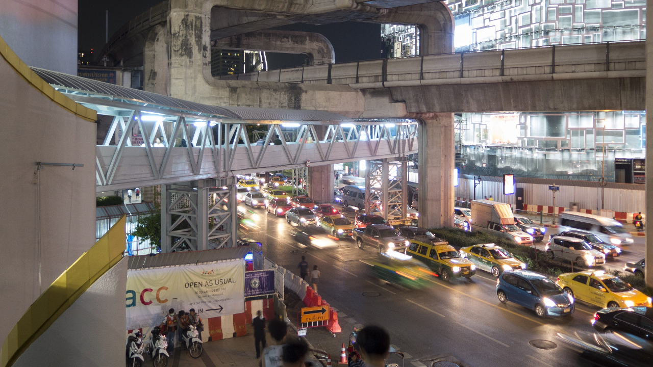 Traffic jam on the road below the BTS Skytrain in Bangkok