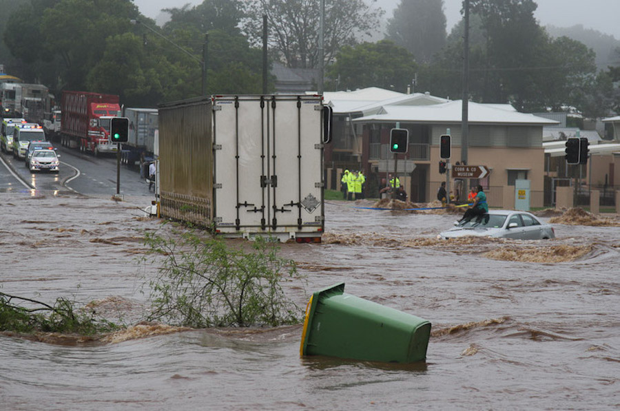 Trapped woman on a car roof during flash flooding in Toowoomba, Australia