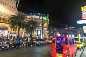 Taxis and motorcycles in Patong, Kathu District, Phuket