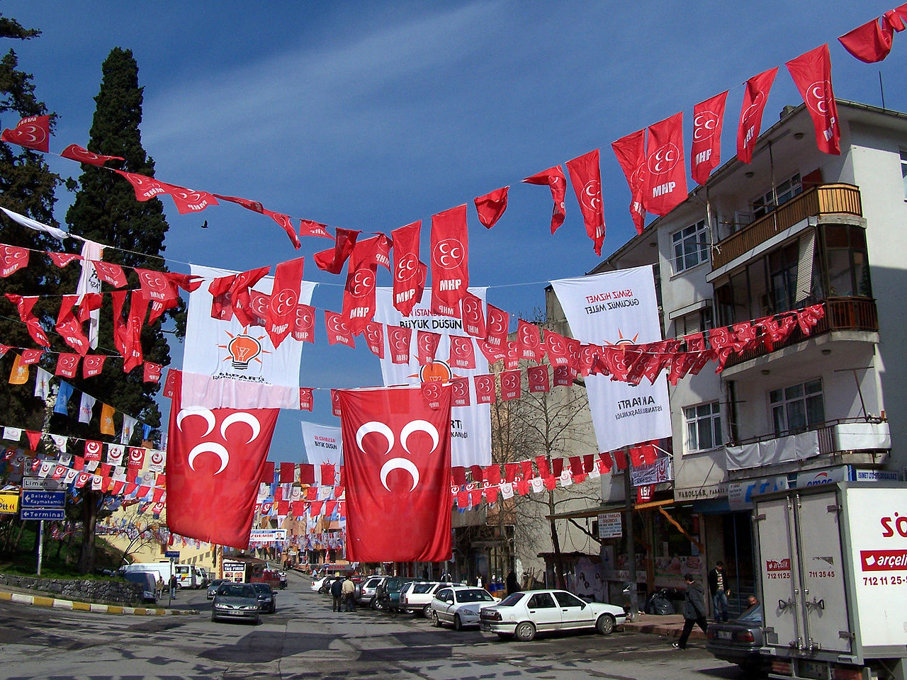 Flags of political parties before the Turkish elections in Şile, Turkey
