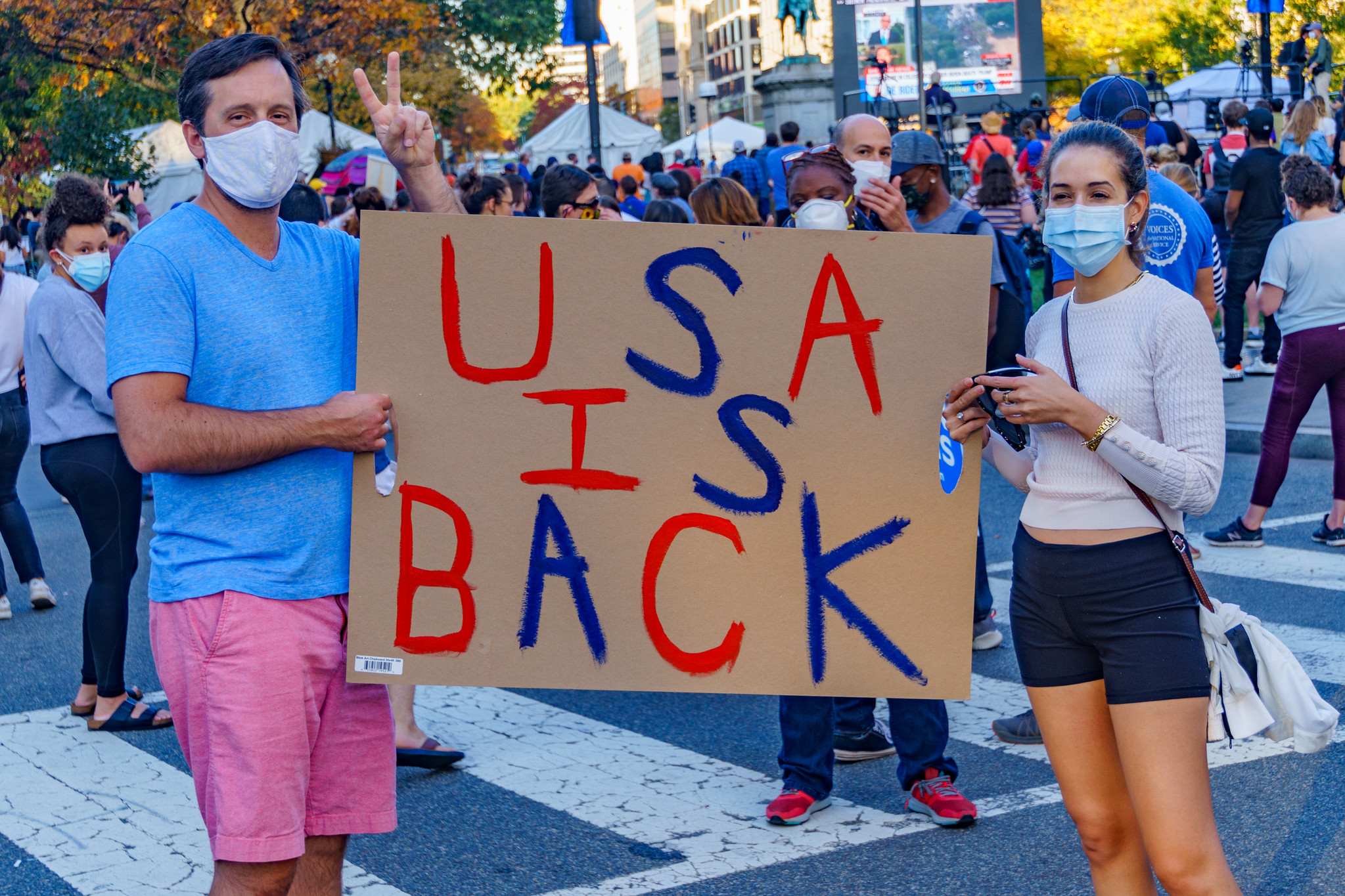 US Election 2020: Demonstrators carrying banners with "USA is back" slogan