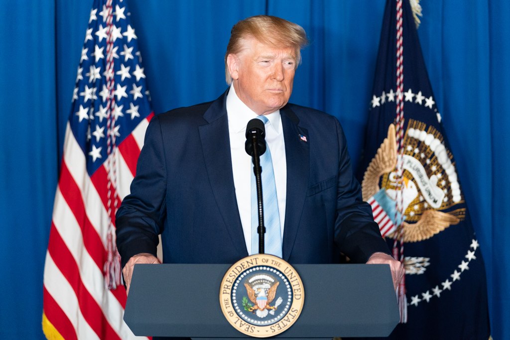 US President Donald J. Trump delivers remarks during a press conference Friday, Jan. 3, 2020, at Mar-a-Lago in Palm Beach, Fla.