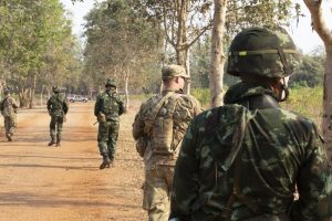 Soldiers with 5th Battalion, 20th Infantry Regiment, and the Royal Thai Army conduct a dismounted patrol during counter-IED training Jan. 30, 2019, at Camp Nimman Kolayut, Thailand