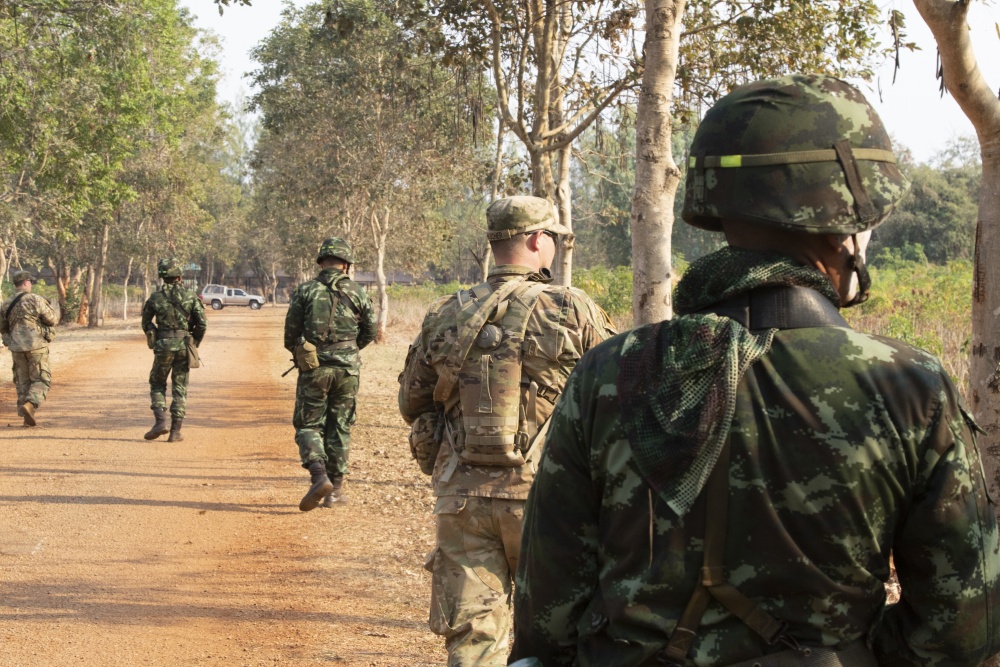 Soldiers with 5th Battalion, 20th Infantry Regiment, and the Royal Thai Army conduct a dismounted patrol during counter-IED training Jan. 30, 2019, at Camp Nimman Kolayut, Thailand