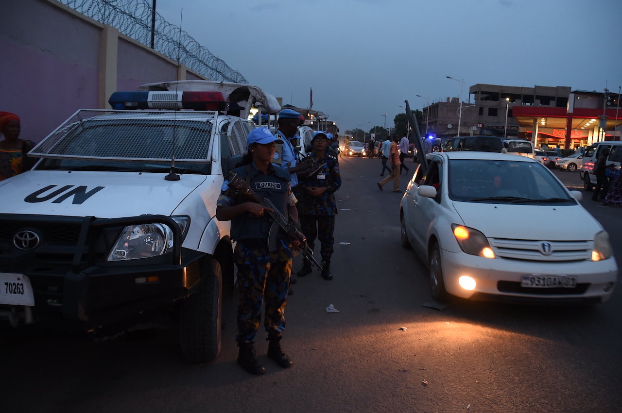 UN police and Bangladeshi Formed Police Unit patrolling the streets of Kinshasa to protect civilians and prevent violence