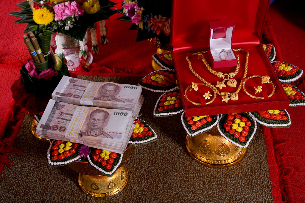 Traditional "sin sot" or "dowry" at a wedding ceremony in Thailand