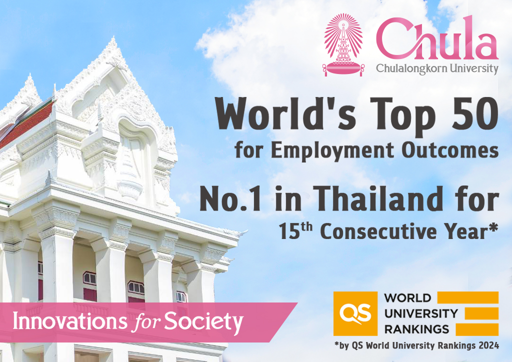 Chulalongkorn University Makes World’s Top 50 Universities for Employment Outcomes and Ranks No.1 in Thailand for the 15th Consecutive Year by QS World University Rankings 2024.