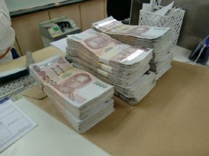 A wad of 1000 baht bank notes
