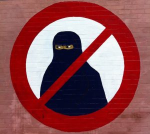 Ban the Burqa anti Islamic veil graffiti on the corner of Gladstone Street and Station Street, Newtown