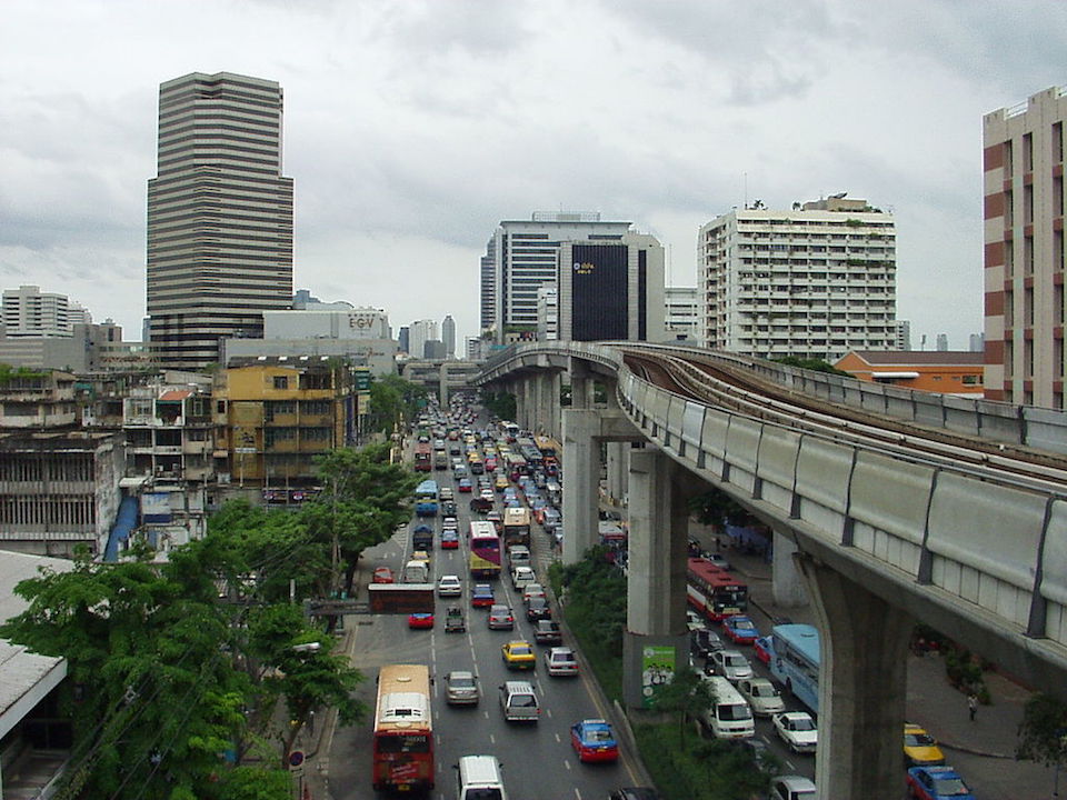 View of a traffic jam in the center of Bangkok from Ratchathewi BTS Skytrain station