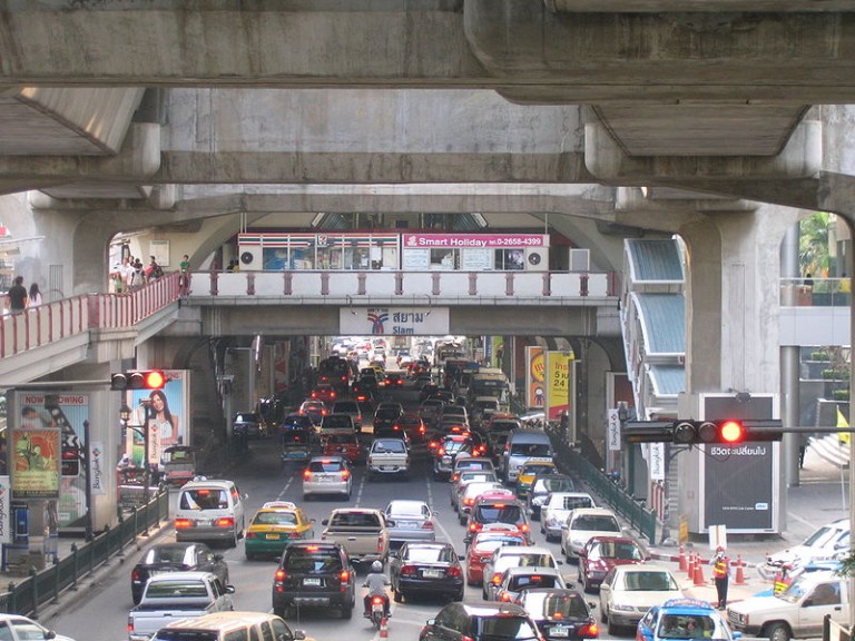 Siam BTS station and Rama I Road traffic in Bangkok