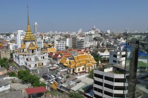 Buddisht temple and Bangkok skyline