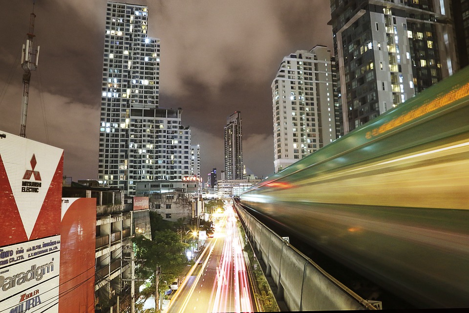 Amazing view of Bangkok BTS Skytrain at night