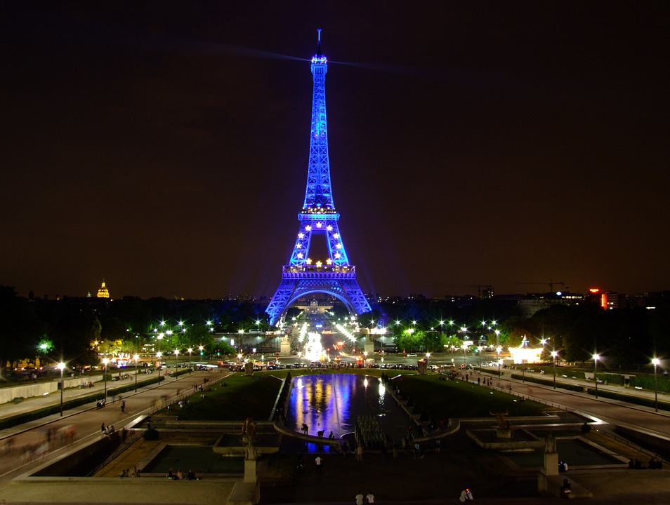 Night view of the Eiffel tower in Paris, France