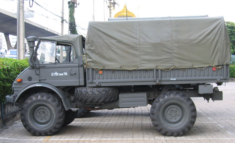 Royal Thai Army Unimog parked outside Nation Tower on Bang Na-Trad Highway following the 2006 Thailand coup