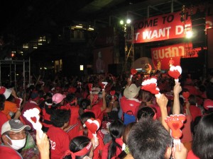 Redshirt Leader Jatuporn Prompan delivers a speech during a UDD protest in Bangkok on 6 April 2010