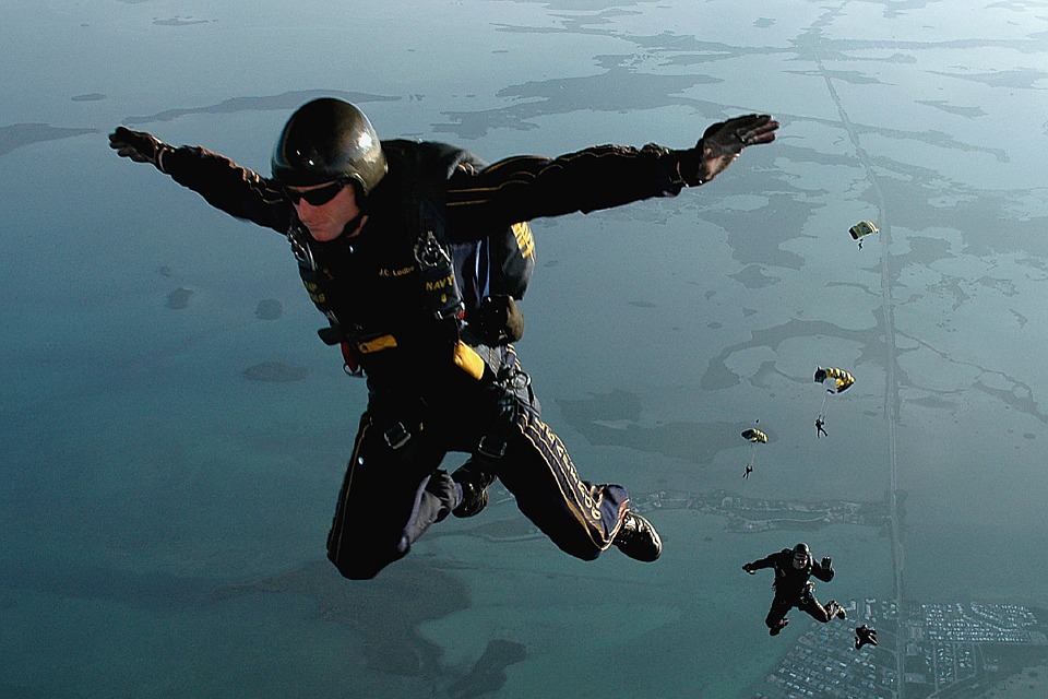 Skydivers jumping out of a plane